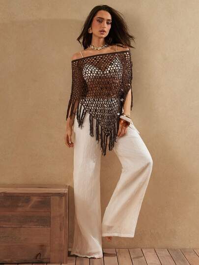 Silquee This Women's Brown Semi-Sheer Knit Sequined Openwork Crochet Cape Top With A Fringed Hem Is Perfect For The Beach, Casual Vacations, Spring/Summer Carnivals, Bohemian Styles, And Beach Resort Looks. It's Ideal For Beach Vacations, Pool Parties, And Other Occasions.