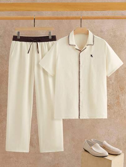 Manfinity VCAY 男士休闲撞色滚边短袖衬衫，可搭配裤子日常穿着