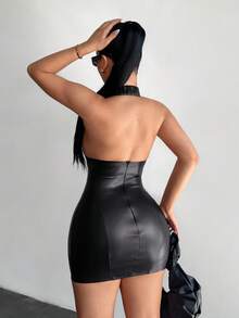 SHEIN SXY 街头风性感露背黑色皮裙 - 黑色 - 查看 2