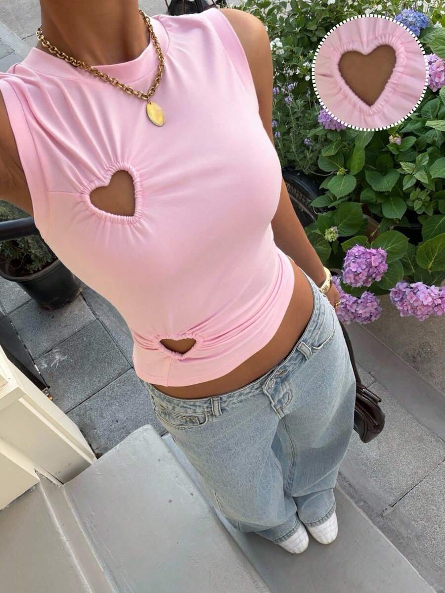 Muchica 女士夏季休闲度假时尚日常简约纯色心形镂空修身露脐背心 - 淺粉色 - 查看 1