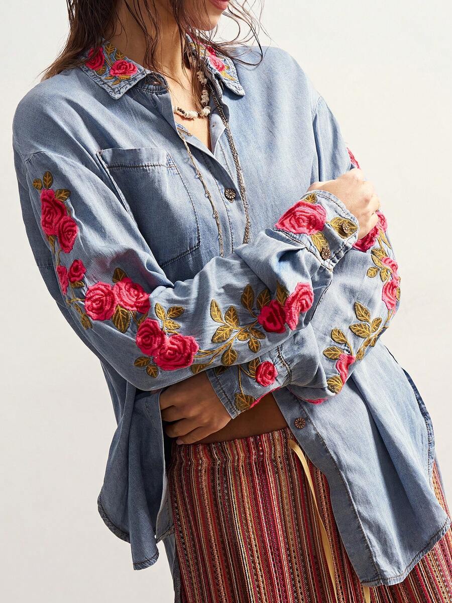 Bohemela 女士花卉刺绣长袖单排扣休闲宽松口袋牛仔衬衫 - 藍色 - 查看 1