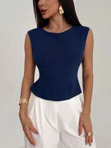 Aloruh 女士休闲纯色无袖衬衫 - 藏蓝色 - 查看 5