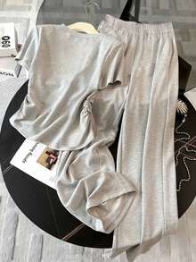 少女刺绣圆领短袖T恤和松紧腰裤休闲套装 - 灰色 - 查看 2