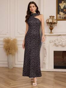 Modelyn Women's Polka Dot Print Asymmetric Neckline Sleeveless Dress - Black - View 3