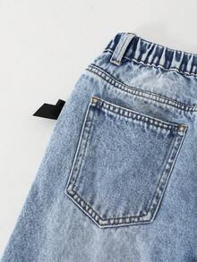 SHEIN Quần jeans ống loe rách rưới phong cách vintage dành cho bé gái tuổi teen, có đường xẻ tà phía trước và nơ 3D, kiểu dáng casual đa năng, phù hợp cho mọi mùa. - Rửa trung bình - Xem 7