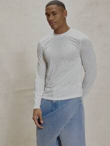 Musero Men Slim Fitted Long Sleeve Lightweight Crew-Neck T-Shirt Top SPRING SUMMER Essentials Capsule Wradrobe Layering - White - View 4