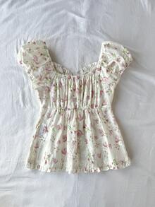 SHEIN 少女不对称肩针织印花休闲时尚亲子装上衣 - 白色 - 查看 8