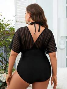 Swim Lushoire Summer Beach Plus Contrast Mesh One Piece Swimsuit - Black - View 2