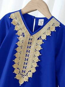 SHEIN Đầm dài tay dáng rộng thanh lịch và dễ thương màu đỏ cổ điển trang trí ruy băng vàng cho bé gái. - Màu xanh lam - Xem 11