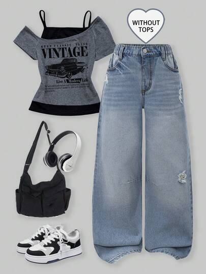 SHEIN Sparklyn 女童百搭休闲宽松直筒水洗牛仔裤，舒适百搭，适合所有季节