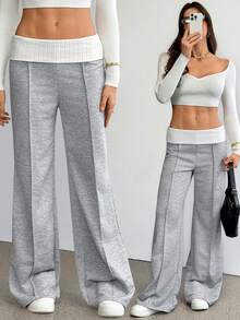 SHEIN Tall 女士夏季及夏季街头服饰外出休闲返校复古日常穿搭Y2K罗纹针织白色翻边裤法式灰色喇叭裤，夏季度假装扮 - 灰色 - 查看 4