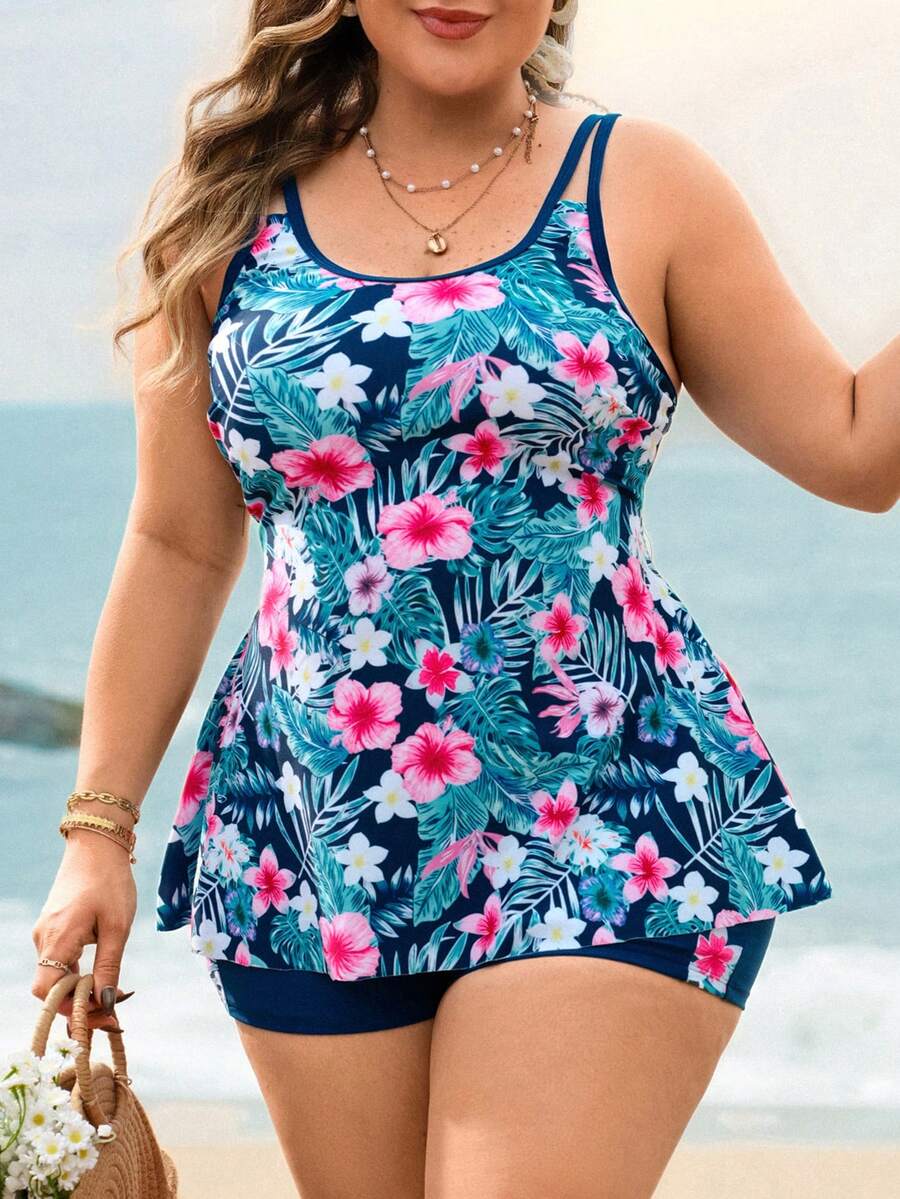 Swim Lushoire 2026新款加大码 Lushore 印花挂脖式坦克背心泳衣套装，欧美跨境款 - 水鴨藍 - 查看 1