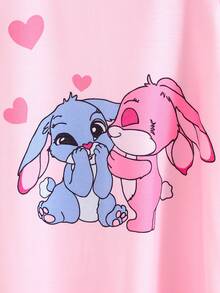 3件套女童短袖及膝睡裙，可爱兔子爱心印花，粉色组合，针织圆领，休闲宽松柔软睡衣，夏季 - 粉色 - 查看 5