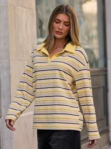 Hauture Women's Striped Drop Shoulder Long Sleeve Casual Polo Neck Loose T-Shirt - Multicolor - View 7
