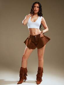 Denimoi Quần short denim nhung ống loe, quần short gợi cảm, trang phục biểu diễn, thời trang đường phố. - màu nâu - Xem 3