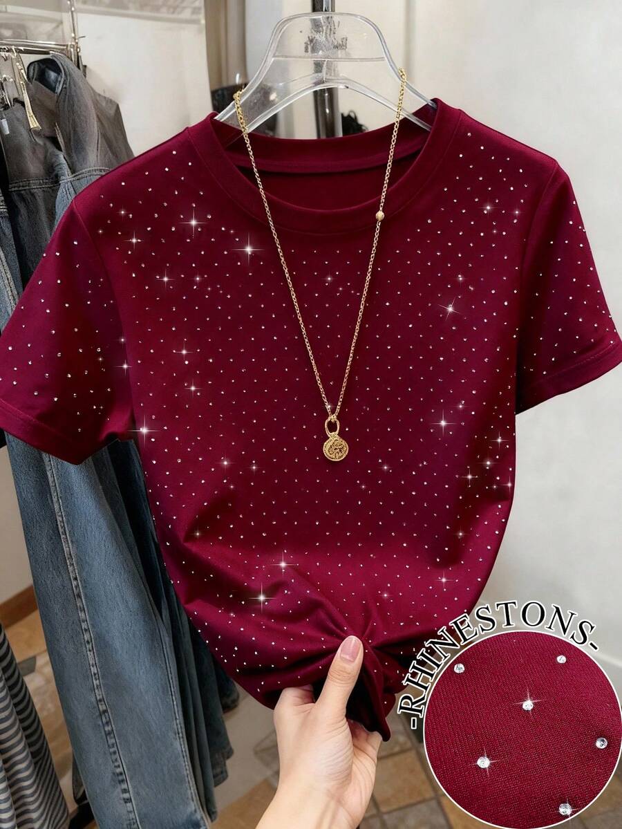 Resyla Camiseta de mujer de cuello redondo y manga corta con decoración de rhinestones - Multicolor - Ver 1