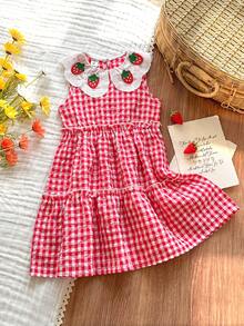 Vintaside Kids Girls' Sleeveless Lace Collar Plaid Casual Dress, Suitable For Traveling, Vacation, Camping Or Daily Outings - Red - View 3