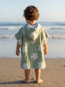 幼儿男童浅绿色卡通海龟印花连帽泳衣罩衫，婴幼儿尺码，V领连帽斗篷，婴幼儿可穿戴浴巾，沙滩罩衫，沐浴游泳必备单品 - 綠色 - 查看 2