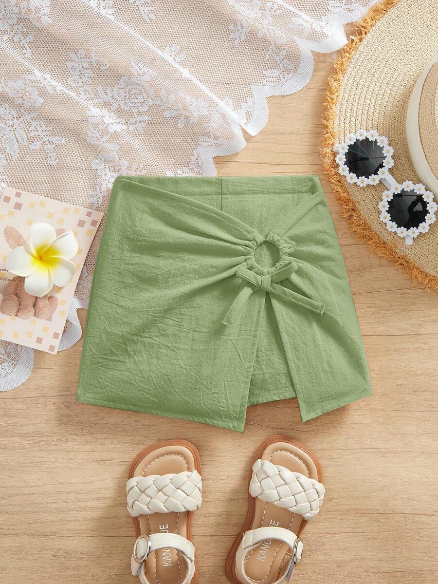 SHEIN 女婴休闲松紧腰杏色短裤，夏季 - 綠色 - 查看 1