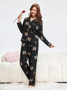 2 件女士蝴蝶印花睡衣套装，长袖纽扣领上衣和长裤，休闲睡衣家居服，适合秋冬，秋季服装 - 黑色 - 查看 5