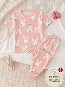 2pcs/Set Young Girl' Pink Rabbit Print Pajama Set,Summer Family Matching Holiday Cute Bunny Round Neck Short Sleeve Top And Leggings,Snug Fit Pajamas - Dusty Pink - View 4