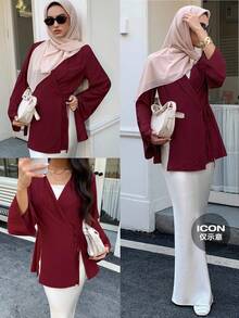 Solavon Women's Solid Color Wrap Tie Shirt, Minimalist Style For Commuting, Autumn - Burgundy - View 7