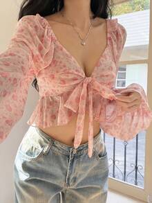 DAZY 女士印花系带灯笼袖短款时尚衬衫 - 粉色 - 查看 6