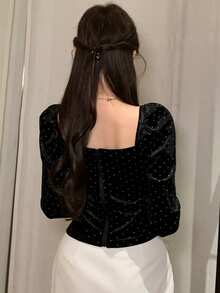 DAZY Women's Elegant Polka Dot Sweetheart Neck Fitted Blouse, Autumn - Black - View 3