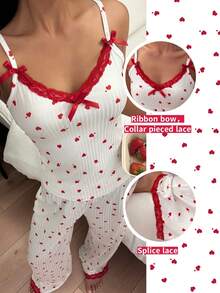 ZzzCrew Women's Sleepwear Set With Heart Design, Contrast Lace Camisole And Ribbed Lounge Pants - White - View 1