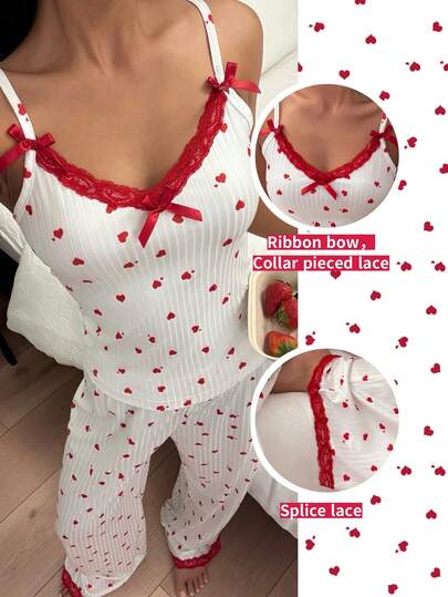 ZzzCrew Women's Sleepwear Set With Heart Design, Contrast Lace Camisole And Ribbed Lounge Pants