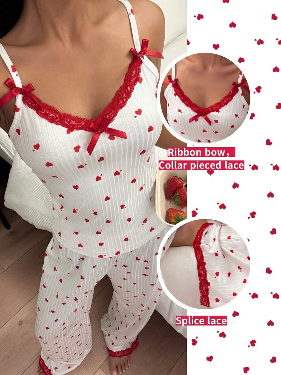 ZzzCrew Women's Sleepwear Set With Heart Design, Contrast Lace Camisole And Ribbed Lounge Pants - White - View 1