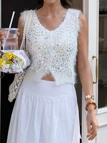 Elyressa Women's Summer Vacation Sequin Fuzzy Knit Button-Front Cardigan - Apricot - View 3