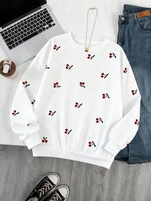 Resyla Women's Outdoor Pullover Sweatshirt, Autumn/Winter, Back To School, Teacher's Day, Outdoor, Cherry Pattern Design Print, Long Sleeve Crew Neck, Street Photography, Holiday & Everyday Wear, Must-Have, Eye-Catching, White, Women's Regular Crew Neck Sweatshirt - White - View 4