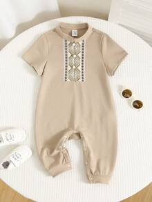 SHEIN Unisex Newborn Baby Boy Vintage Floral Retro Print Short Sleeve Jumpsuit Knit Outfit, Spring/Summer Baby Boy Clothes - Khaki - View 3