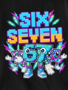 Boys' Casual Stylish Creative Personalized Refreshing High-End Simple Blocks Digits 67 Cartoon Character Lightning Bolt Slogan Graphic Print Comfortable Basic Short T-Shirt, Suitable For Spring, Summer, Fall