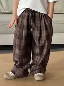 DAZY Young Boy Casual Fashion Street Plaid Print Drawstring Waist Loose Wide Leg Pants - Brown - View 2
