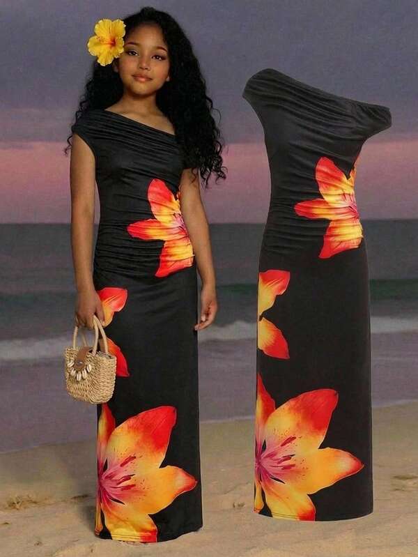 Tween Girl Fashionable Elegant Printed Asymmetric-Shoulder Spaghetti Strap Dress, Suitable For Summer Beach Vacation