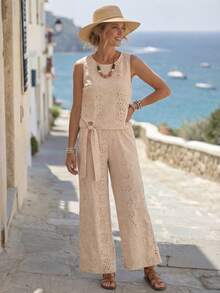 EMERY ROSE 两件套女士夏季度假花卉刺绣无袖上衣和裤子套装，波西米亚风女士夏季服装