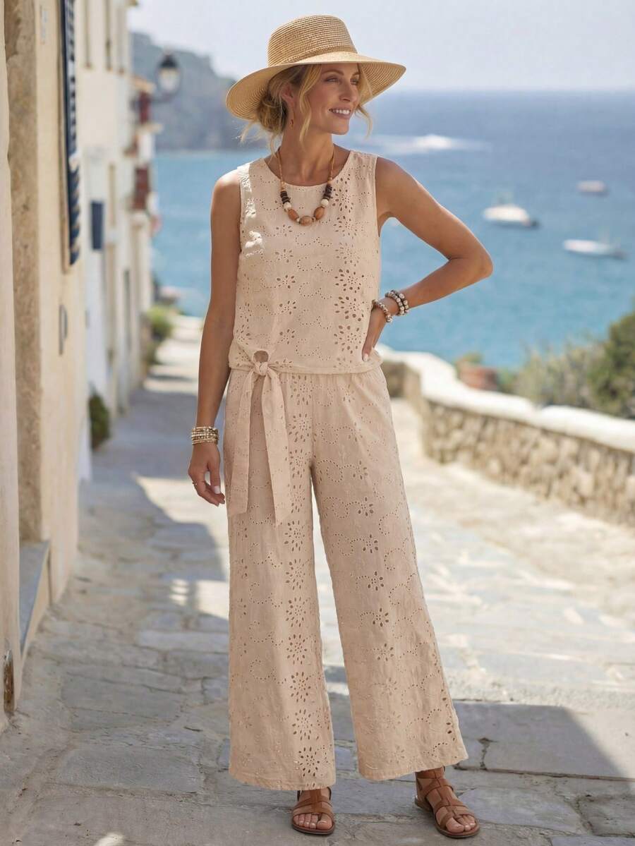 EMERY ROSE 两件套女士夏季度假花卉刺绣无袖上衣和裤子套装，波西米亚风女士夏季服装