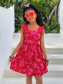 Đầm xòe hở lưng, bèo nhún, nơ, màu đỏ, thời trang thường ngày cho bé gái tuổi teen, thích hợp cho kỳ nghỉ. - Đỏ - Xem 2