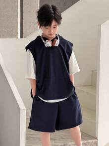 SHEIN Little Byeori 3er Set für Tween-Jungen: Strickkapuzenpullover, locker sitzendes T-Shirt, Shorts, Lässig Stil geeignet für Pendeln, Schule, Alltag, Sport, Sommer - Königsblau - Übersicht 8