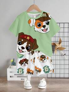 2件套小狗图案儿童休闲圆领短袖T恤和短裤套装，适合夏季穿着 - 彩色 - 查看 2