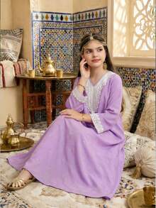 SHEIN Tween Girls' V-Neck Applique Casual Loose Daily Wear Long Sleeve Dress - Purple - View 4