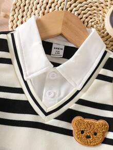 2pcs/Set Infant Toddler Baby Boy Striped Knit Vest & White Short Sleeve Polo Shirt With Bear Patch, And Bear Patch Black Shorts, Casual College Style Short Sleeve Shorts Set, Suitable For Daily Wear, Spring/Summer, 6M-3T Black And White Baby Boy Outfit Baby Boy Summer Sets Bear Patch Outfit Baby Boy Casual Outfit - Apricot - View 8