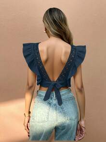 SHEIN Frenchy Women's Casual Solid Color Patchwork Lace Ruffle Hem Cropped Shirt, Summer,Summer Top - Blue - View 3