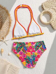 Tween Girl Colorful Floral Print Contrast Trim Halter Top & Shorts Swimsuit Set Tropical Bathing Suit Girls Tropical Print Bikini 2pcs Tween Girls Printed Swimwear Bikini Set Girls Hawaiian Girls Tropical Set Kids Bikini Set High Waist Girls Two Piece Bathing Tween Girls Tropical Print Bikini Summer Beach Tween Girl Swimsuit Two Piece - Multicolor - View 2