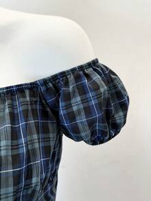 Jeanoix 女士休闲露肩格纹衬衫，收腰设计，春夏款 - 藏蓝色 - 查看 5