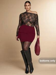 SHEIN BAE 大码女式纯黑色不对称多层开衩迷你裙，工作裙，优雅裙，通勤裙，休闲裙，办公室裙，紧身裙，性感裙 - 紫紅色 - 查看 3