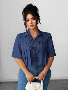 Elenzga Áo sơ mi ngắn thanh lịch dành cho nữ, xếp ly và thắt nơ phía trước. - Màu xanh lam - Xem 4