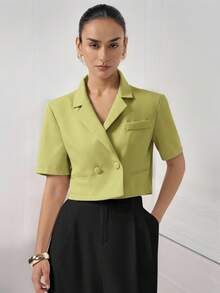 Aveloria Modichic Nueva chaqueta de mujer con diseño de espalda cruzada, cuello de solapa, cintura corta y mangas cortas, de tela texturizada, con estilo minimalista, elegante, sofisticado y vintage, de lujo - Verde - Ver 4